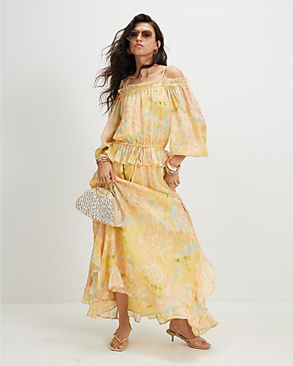 Yellow Metallic Tie Dye Bardot Maxi Dress