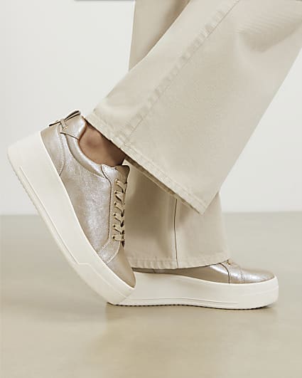 Gold Wide Fit Lace Up Flatform Trainers