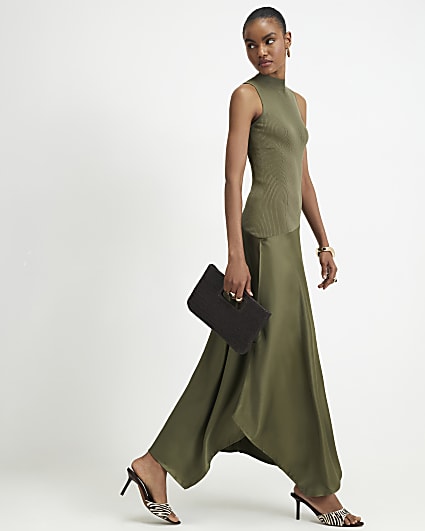 Khaki Hybrid Satin Knit Asymmetric Hem Dress