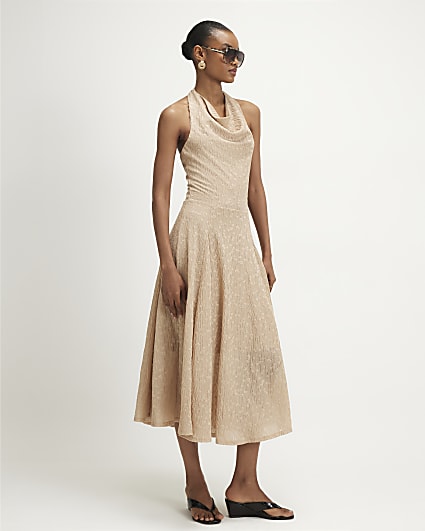 Beige Textured Halter Neck Midi Dress