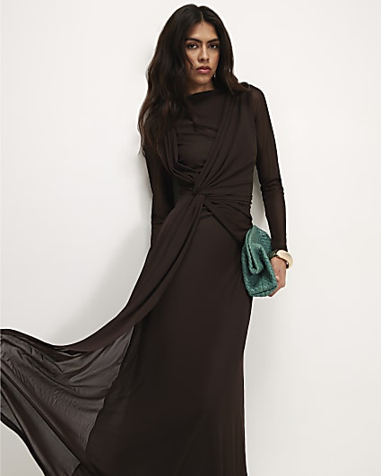 Brown Sheer Drape Maxi Dress