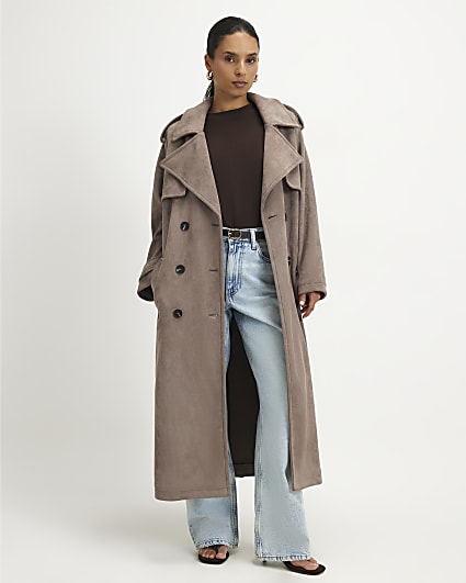 Petite Brown Faux Suede Trench Coat