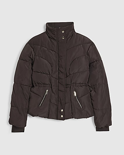 Petite Brown Cinched Waist Padded Jacket