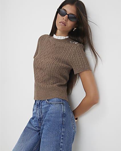 Brown Cable Knit Collared Top