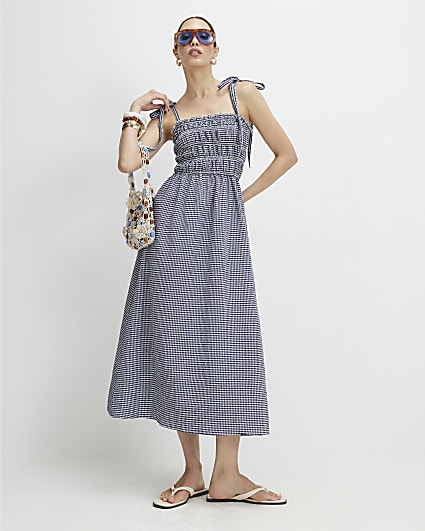 Navy Gingham Cotton Blend Shirred Midi Dress