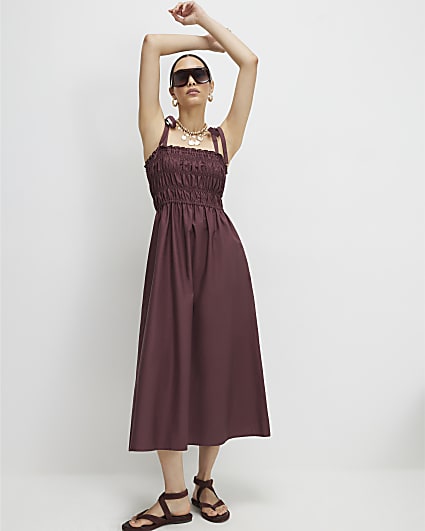 Purple Cotton Shirred Midi Dress