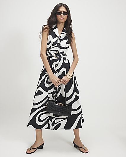 White Cotton Printed Belted Midi Shirt Dress