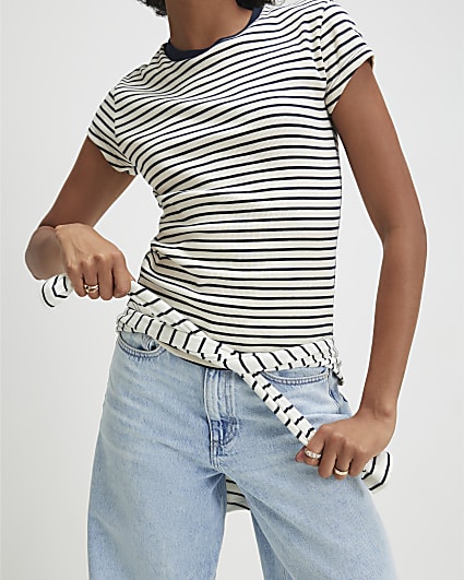 Navy Ribbed Stripe Fitted T-Shirt