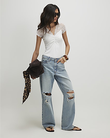 White Short Sleeve Lace Trim Ruched Top