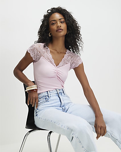Pink Short Sleeve Lace Trim Ruched Top