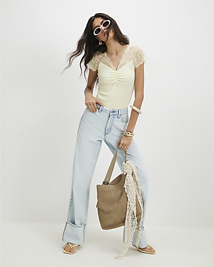 Yellow Short Sleeve Lace Trim Ruched Top