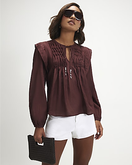 Red Long Sleeve Smocked Front Yoke Blouse