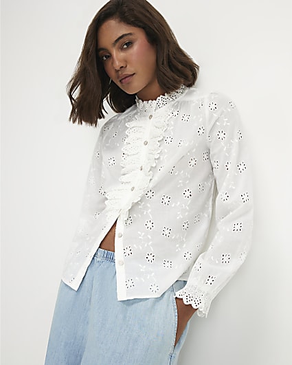White Cotton Broderie Ruffle Blouse