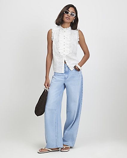 White Sleeveless Broderie Ruffle Blouse