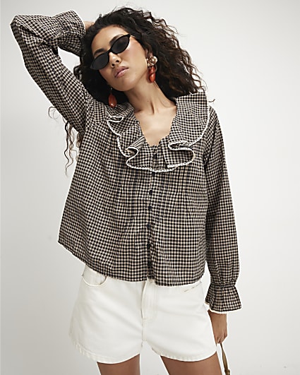Black Check Lace Ruffle Blouse