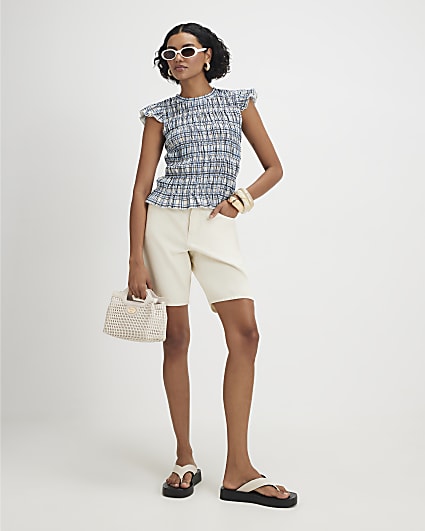 Blue Check Print Short Sleeve Top
