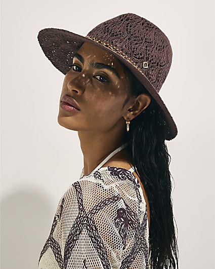 Brown Cut Out Studded Band Fedora Hat