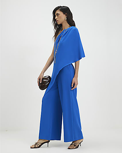 Blue One Shoulder Overlay Jumpsuit
