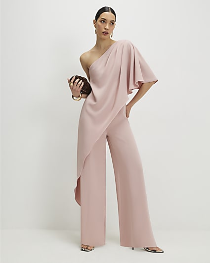 Pink One Shoulder Overlay Jumpsuit