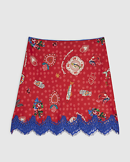 Petite Red Printed Lace Trim Mini Skirt