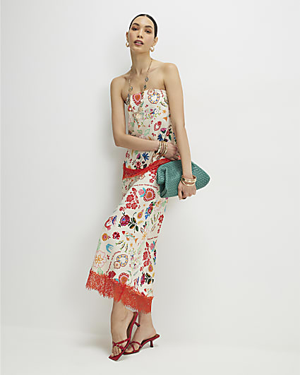 Cream Lace Trim Printed Slip Skirt