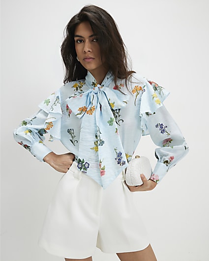 Blue Floral Pussybow Long Sleeve Blouse