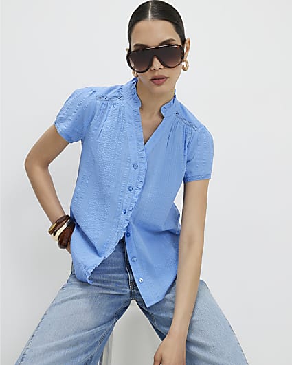 Blue Cotton Short Sleeve Lace Detail Top