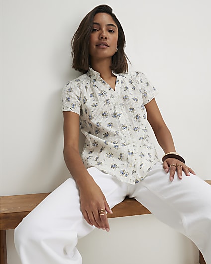 Cream Cotton Floral Short Sleeve Top