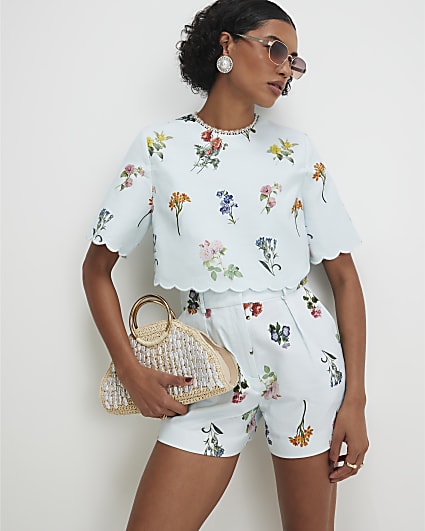 Blue Linen Blend Floral Tailored Shorts