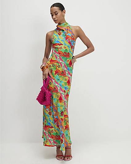 Orange Tropical Print Halter Neck Maxi Dress