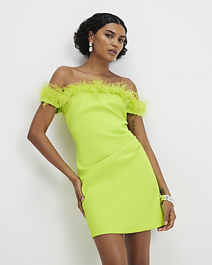 Green Satin Bardot Feather Trim Mini Dress