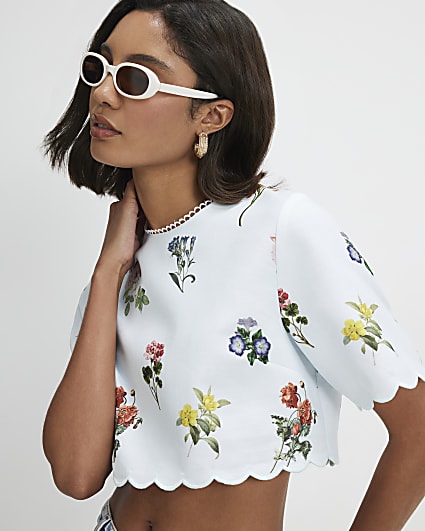 Blue Cotton Blend Floral Scallop Trim T-Shirt
