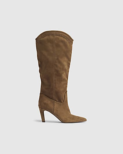 Brown Faux Suede Knee High Boots