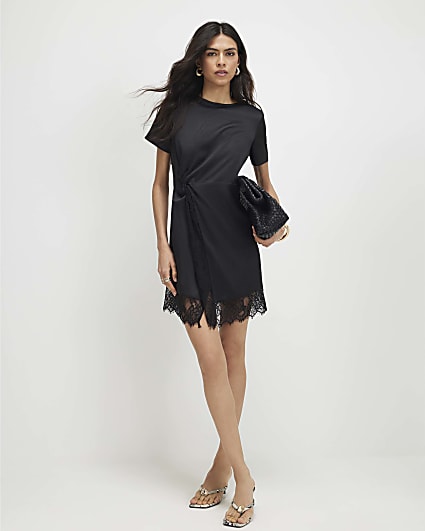 Black Satin Twist Side Mini Dress
