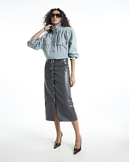 Grey Faux Leather Utility Belted Midi Skirt