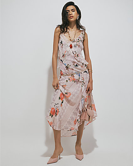 Pink Poet Print Slip Midi Dress