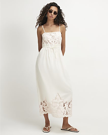 Cream Cotton Cutwork Lace Midi Dress