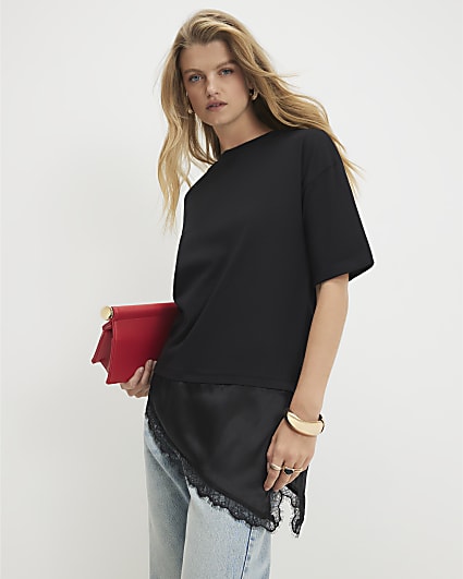 Black Cotton Lace Hem Asymmetric T-Shirt