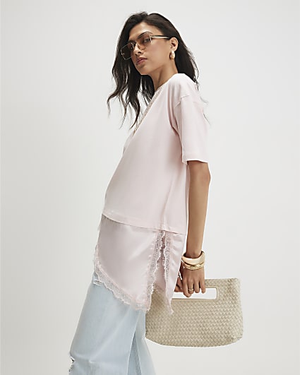 Pink Cotton Lace Hem Asymmetric T-shirt