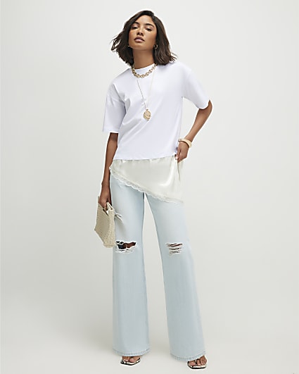 White Cotton Lace Hem Asymmetric T-Shirt