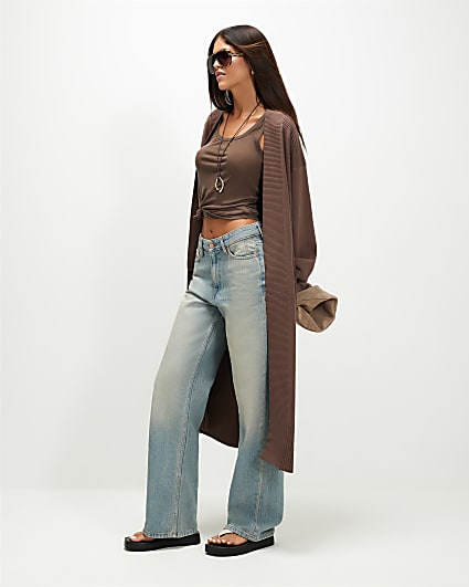 Beige Knitted Ribbed Maxi Cardigan