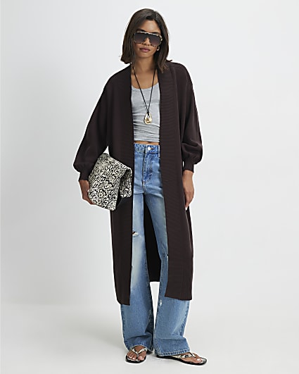 Brown Cotton Mixed Rib Knit Maxi Cardigan