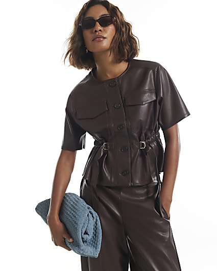 Brown Faux Leather Utility Pocket Belted Top
