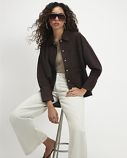 Brown Faux Suede Long Sleeve Overshirt