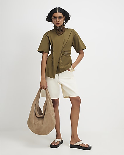 Khaki Cotton Short Sleeve Pleat Front T-shirt
