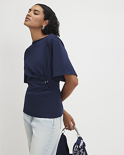 Navy Cotton Short Sleeve Metal Detail T-shirt