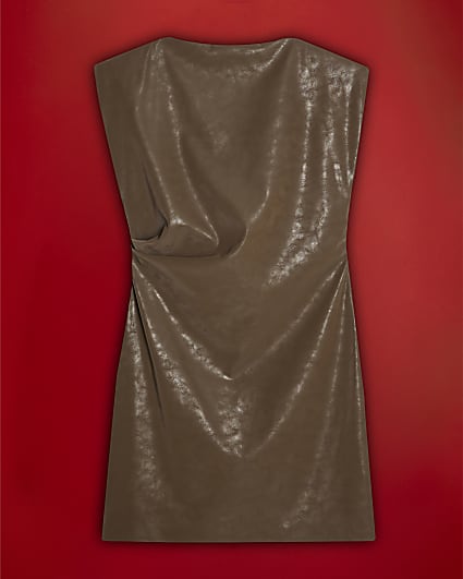 Brown Hammered Shoulder Pad Dress