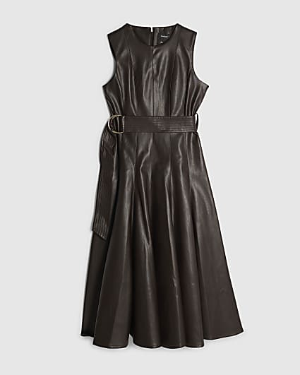 Petite Brown Faux Leather Belted Midi Dress