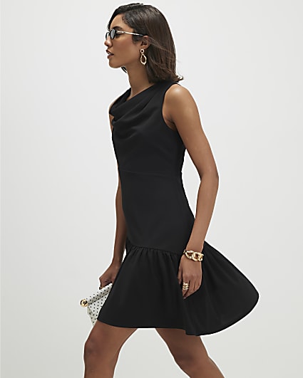 Black Cowl Neck Peplum Mini Dress
