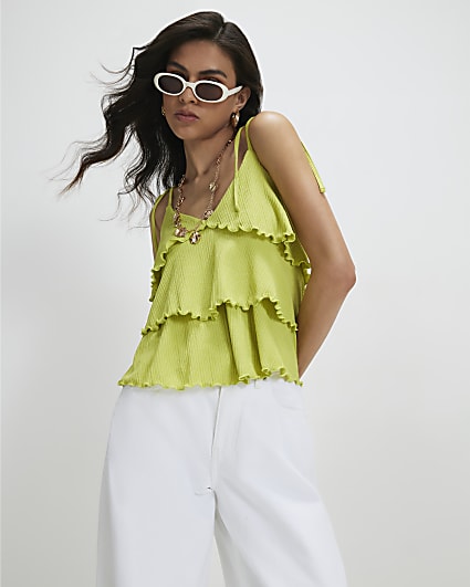 Green Rib Ruffle Cami Top
